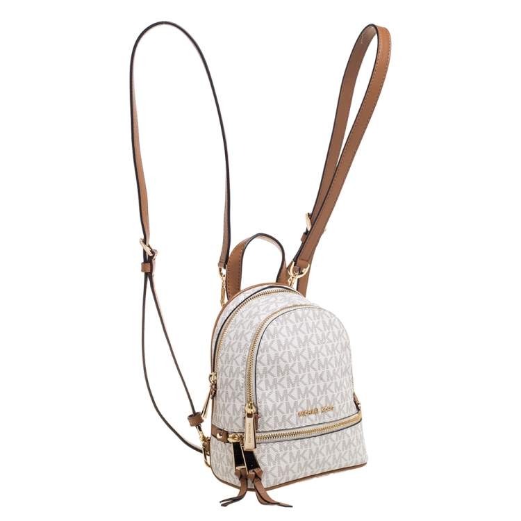Pre Owned Michael Kors White/Tan Signature Coated Canvas and Leather Mini Rhea Backpack