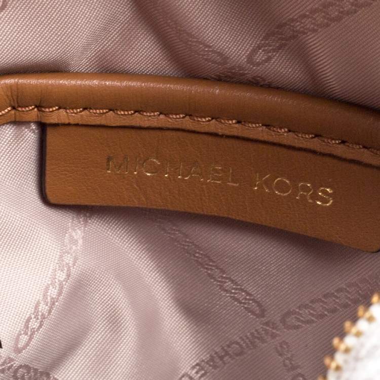 Pre Owned Michael Kors White/Tan Signature Coated Canvas and Leather Mini Rhea Backpack