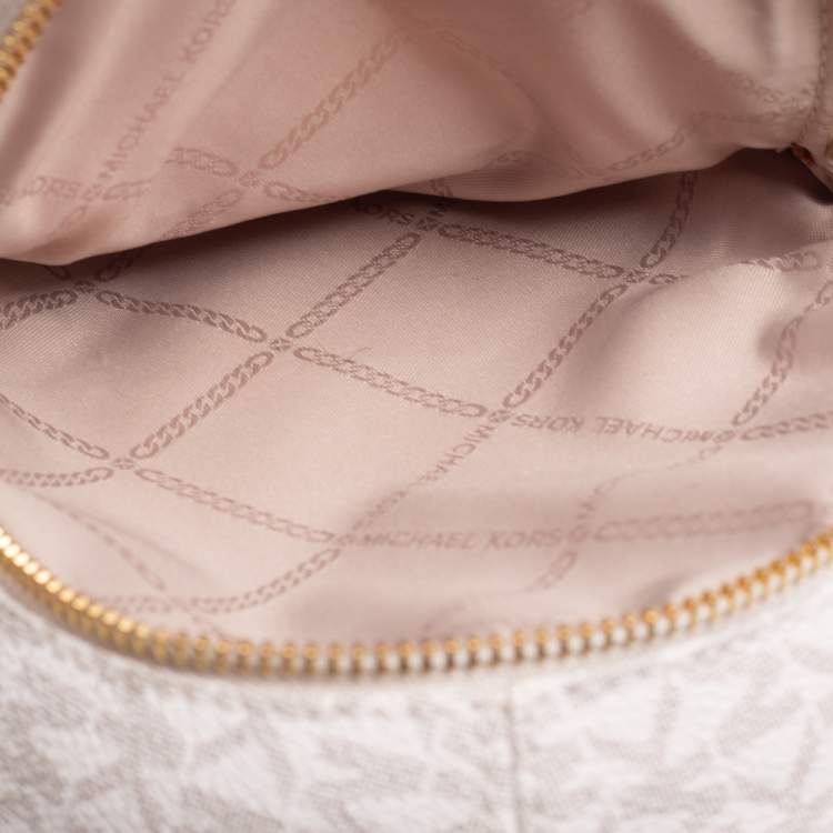 Pre Owned Michael Kors White/Tan Signature Coated Canvas and Leather Mini Rhea Backpack