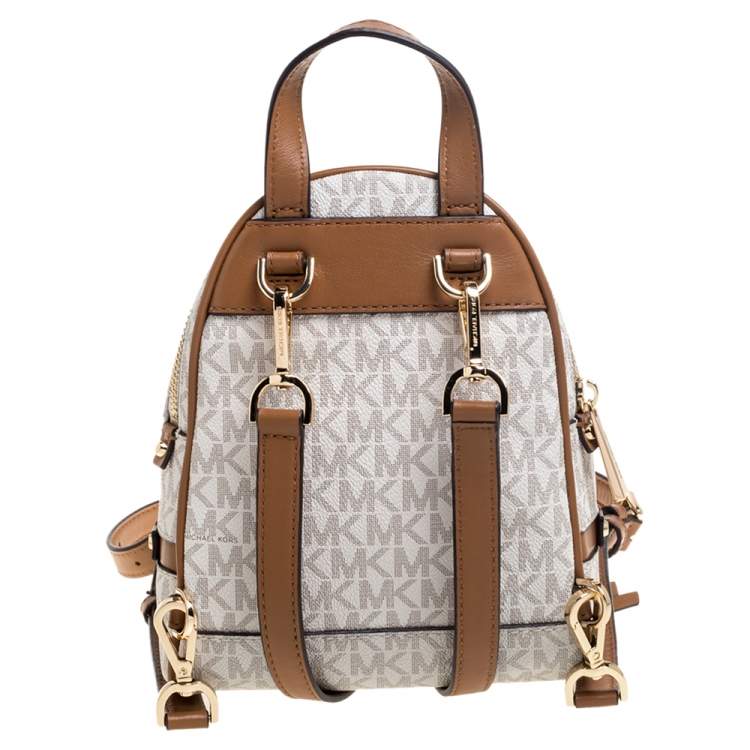 Pre Owned Michael Kors White/Tan Signature Coated Canvas and Leather Mini Rhea Backpack
