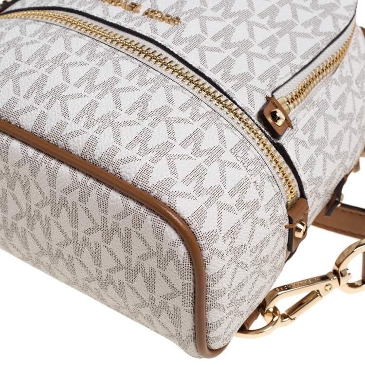 Pre Owned Michael Kors White/Tan Signature Coated Canvas and Leather Mini Rhea Backpack