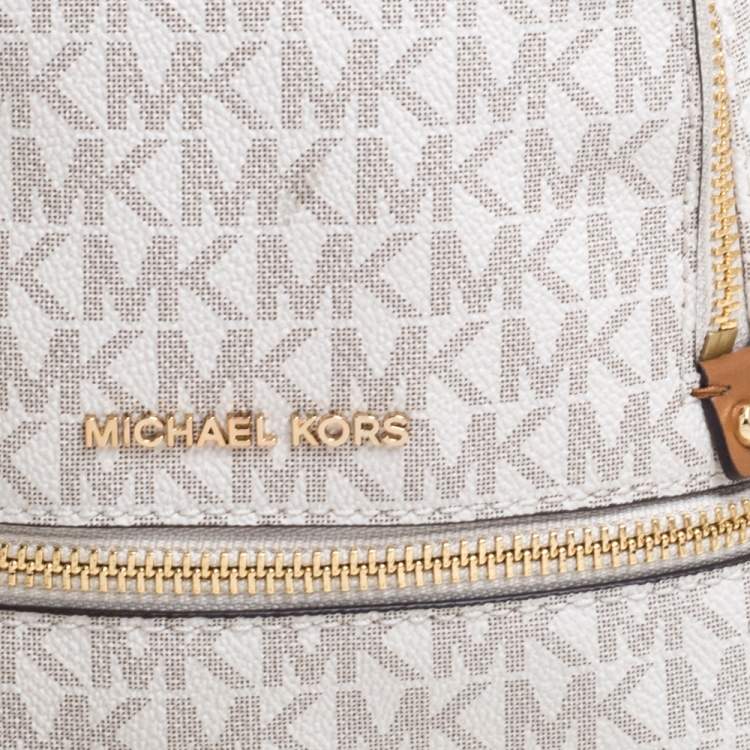 Pre Owned Michael Kors White/Tan Signature Coated Canvas and Leather Mini Rhea Backpack