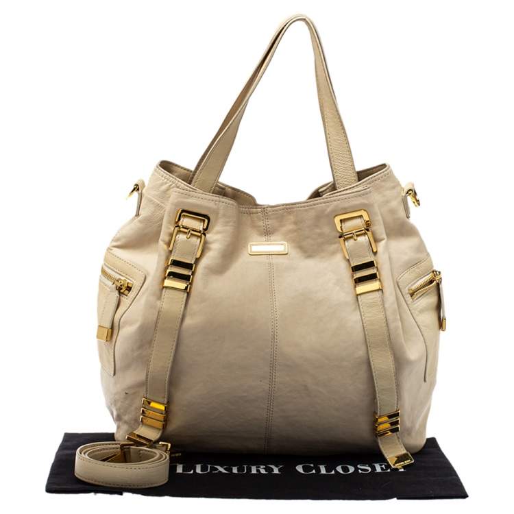 Pre Owned  Michael Kors Cream Leather Buckle Side Pocket Shoulder Bag