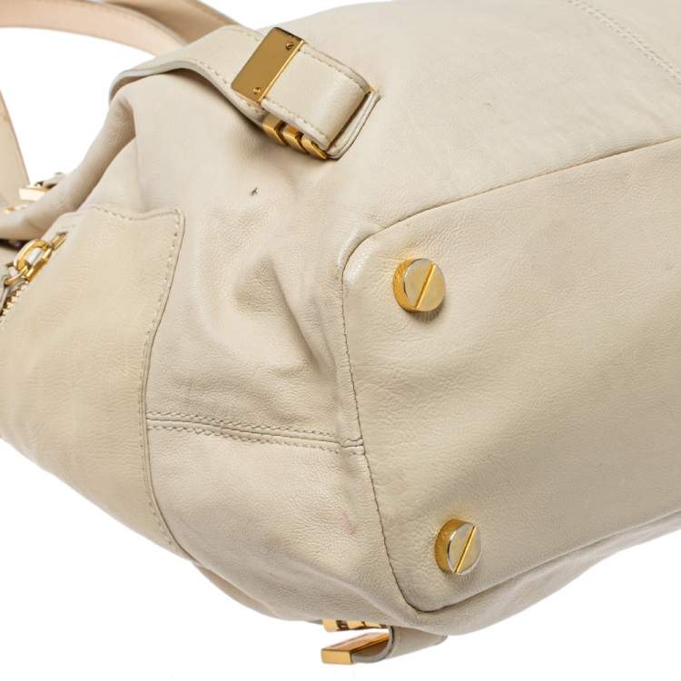 Pre Owned  Michael Kors Cream Leather Buckle Side Pocket Shoulder Bag
