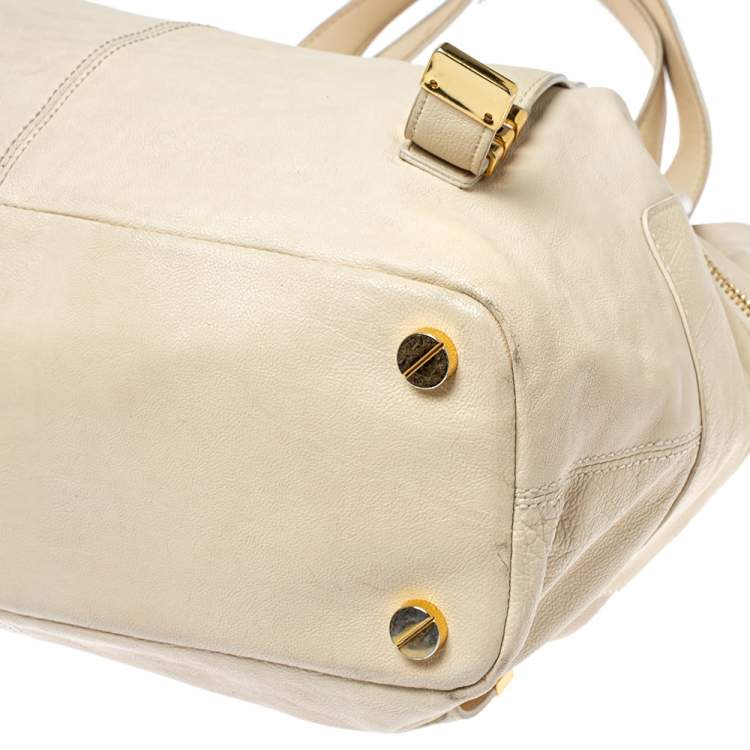 Pre Owned  Michael Kors Cream Leather Buckle Side Pocket Shoulder Bag
