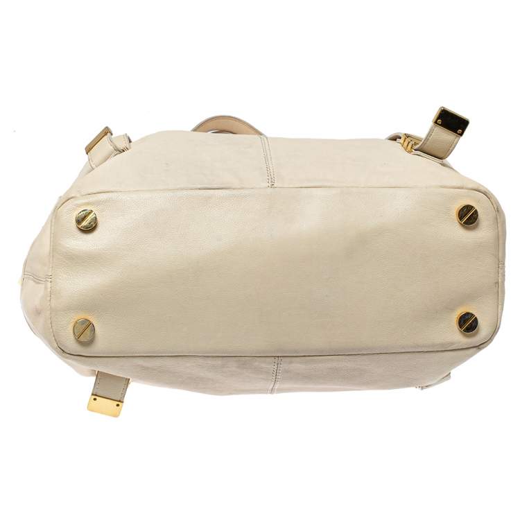 Pre Owned  Michael Kors Cream Leather Buckle Side Pocket Shoulder Bag