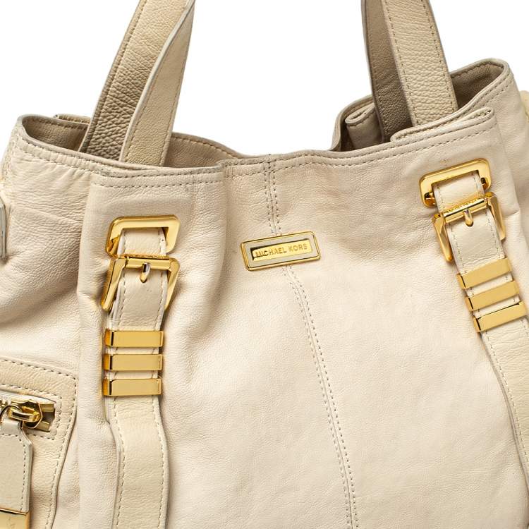 Pre Owned  Michael Kors Cream Leather Buckle Side Pocket Shoulder Bag