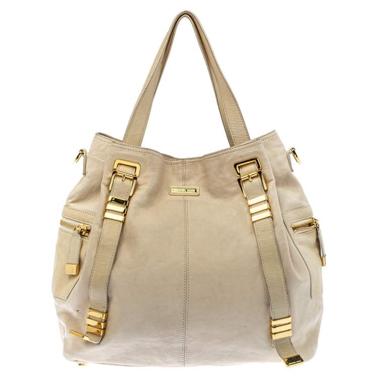 Pre Owned  Michael Kors Cream Leather Buckle Side Pocket Shoulder Bag