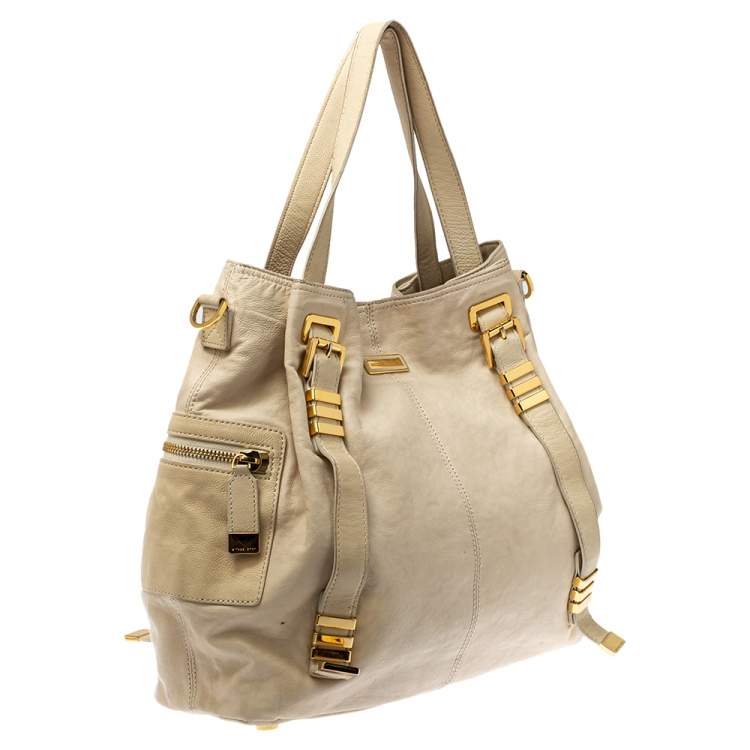 Pre Owned  Michael Kors Cream Leather Buckle Side Pocket Shoulder Bag