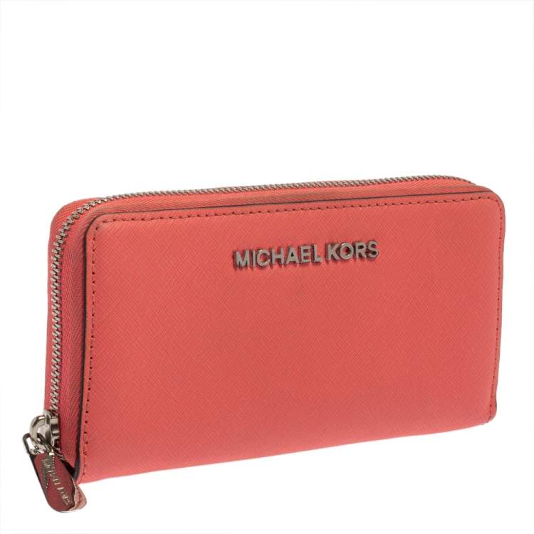 Pre Owned Michael Kors Pink Leather Zip Around Wristlet Wallet