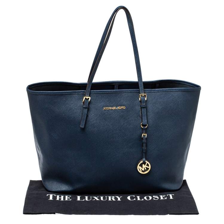 Pre Owned Michael Kors Navy Blue Leather Large Jet Set Travel Tote