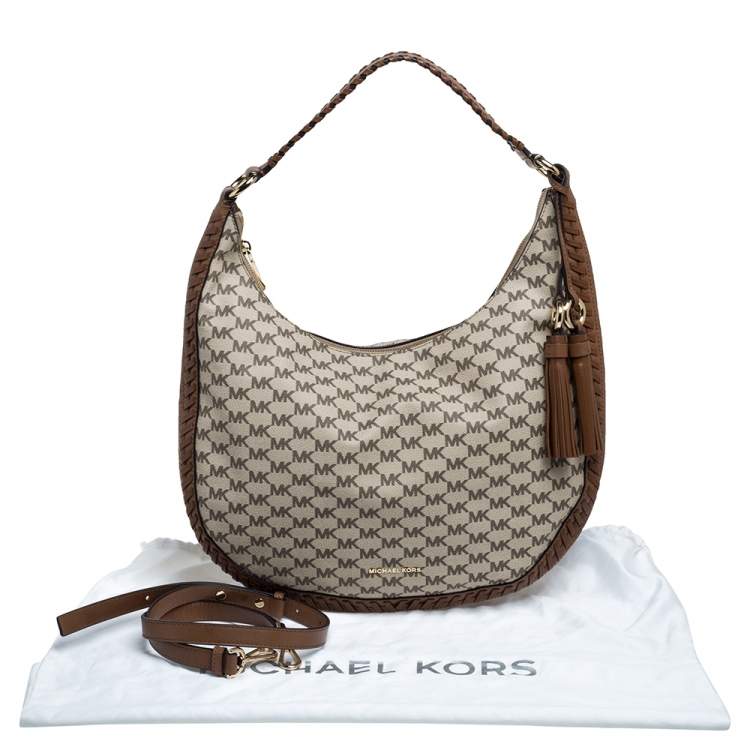 Pre Owned Michael Kors Beige/Brown Coated Canvas and Leather Lauryn Hobo