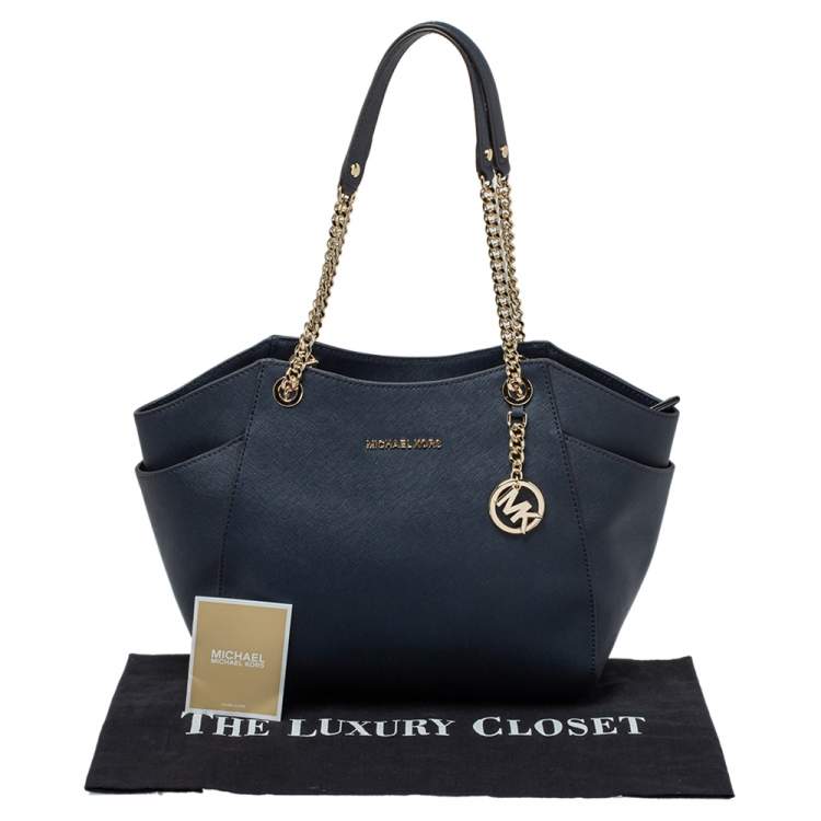Pre Owned Michael Kors Navy Blue Leather Jet Set Travel Chain Tote