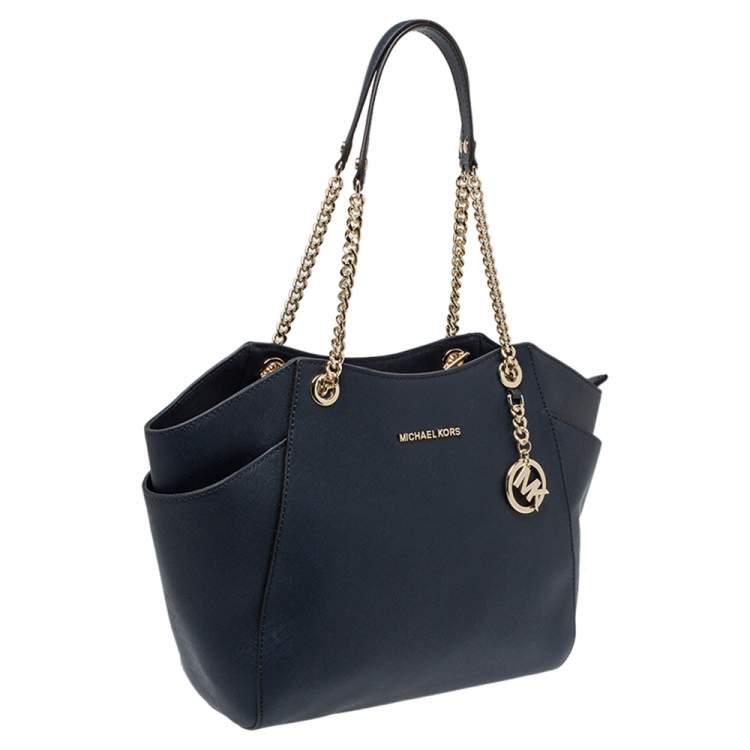 Pre Owned Michael Kors Navy Blue Leather Jet Set Travel Chain Tote