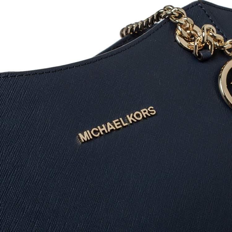 Pre Owned Michael Kors Navy Blue Leather Jet Set Travel Chain Tote