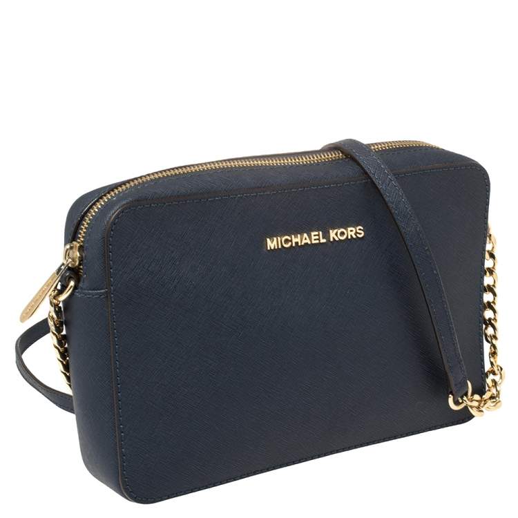 Pre Owned Michael Kors Navy Blue Leather Jet Set Camera Crossbody Bag