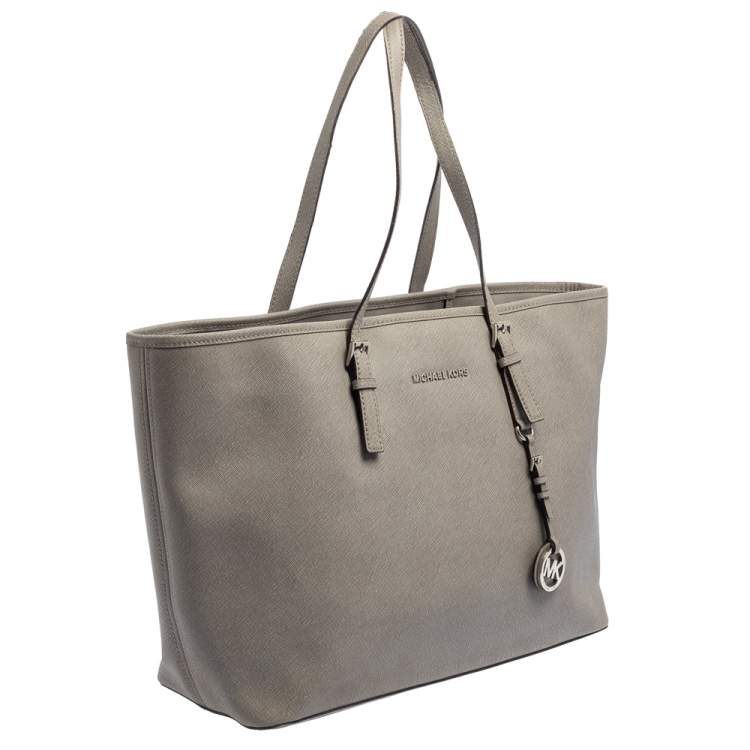 Pre Owned Michael Kors Grey Saffiano Leather Large Jet Set Middle Zip Tote