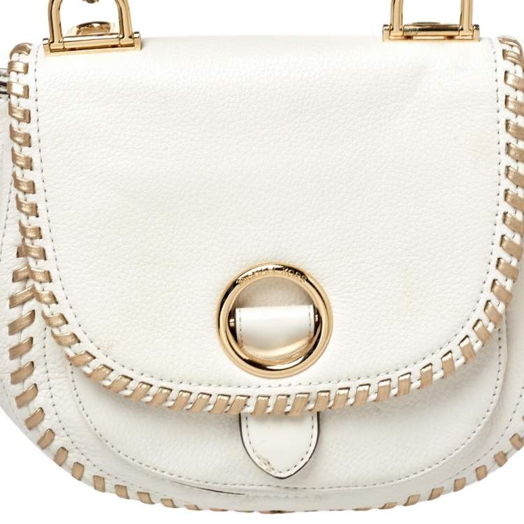 Pre Owned Michael Kors White/Gold Leather Isadore Stitch Top Handle Bag