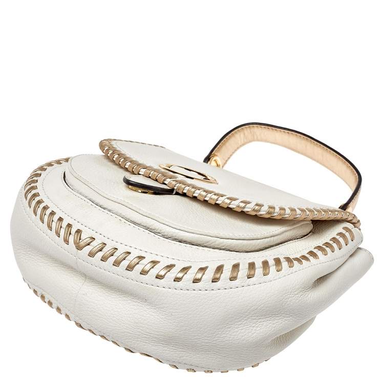 Pre Owned Michael Kors White/Gold Leather Isadore Stitch Top Handle Bag