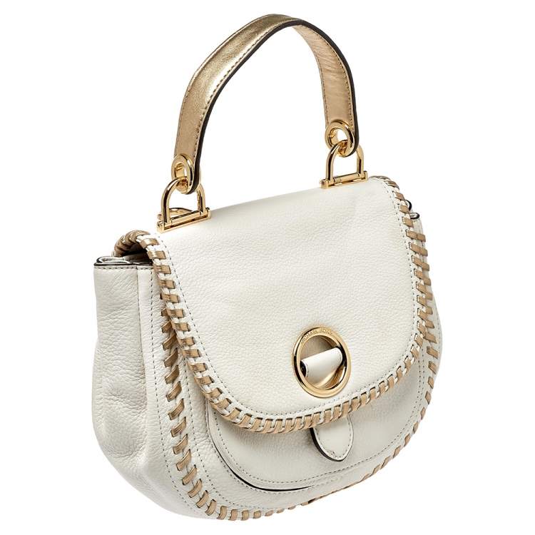 Pre Owned Michael Kors White/Gold Leather Isadore Stitch Top Handle Bag