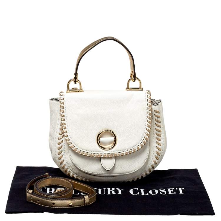 Pre Owned Michael Kors White/Gold Leather Isadore Stitch Top Handle Bag