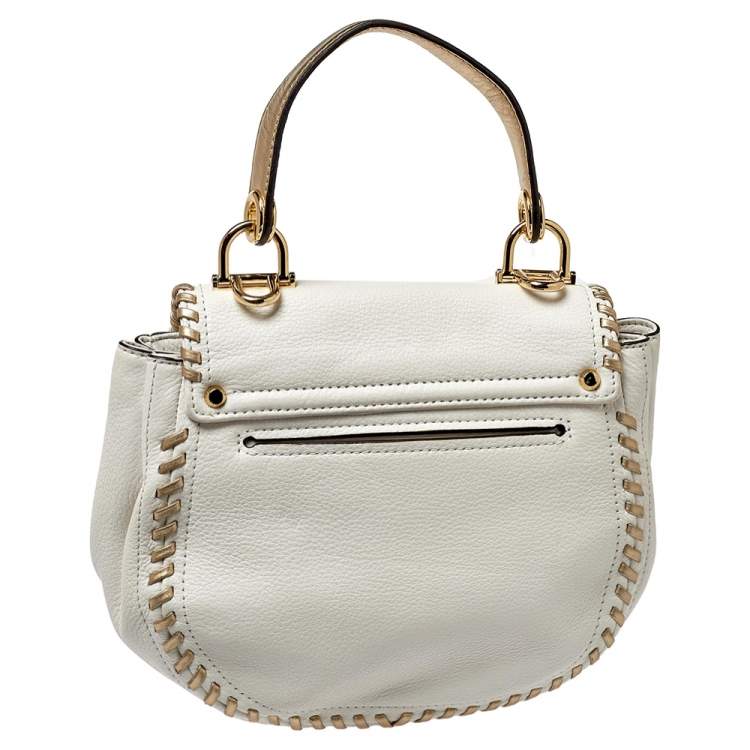 Pre Owned Michael Kors White/Gold Leather Isadore Stitch Top Handle Bag