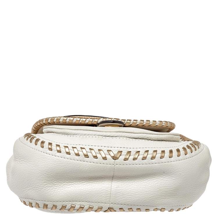 Pre Owned Michael Kors White/Gold Leather Isadore Stitch Top Handle Bag