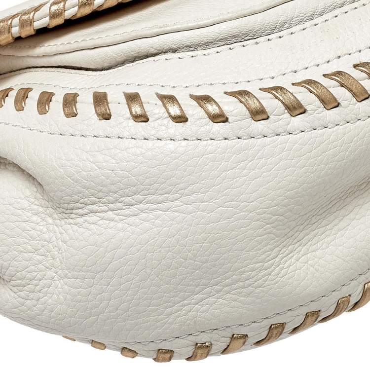 Pre Owned Michael Kors White/Gold Leather Isadore Stitch Top Handle Bag