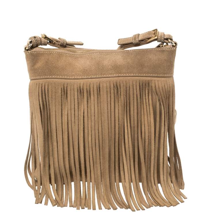 Pre Owned Michael Kors Beige Suede Fringe Billy Shoulder Bag