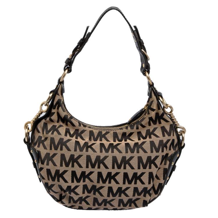 Pre Owned Michael Kors Beige/Black Signature Canvas and Leather Hobo