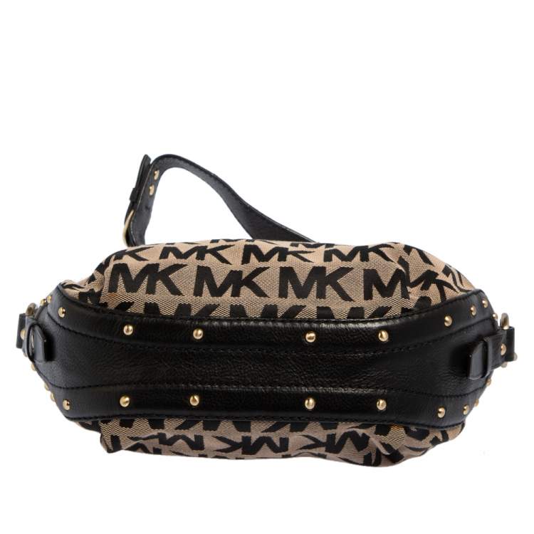Pre Owned Michael Kors Beige/Black Signature Canvas and Leather Hobo