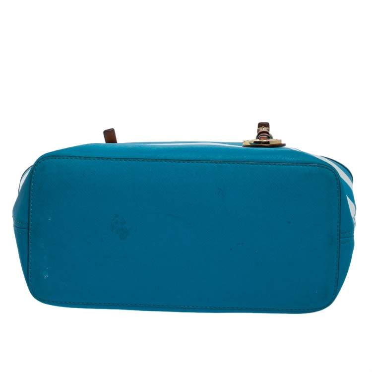 Pre Owned Michael Kors Blue/White Striped Coated Canvas Travel Jet Set Tote