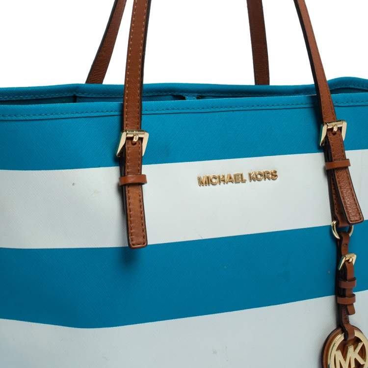 Pre Owned Michael Kors Blue/White Striped Coated Canvas Travel Jet Set Tote