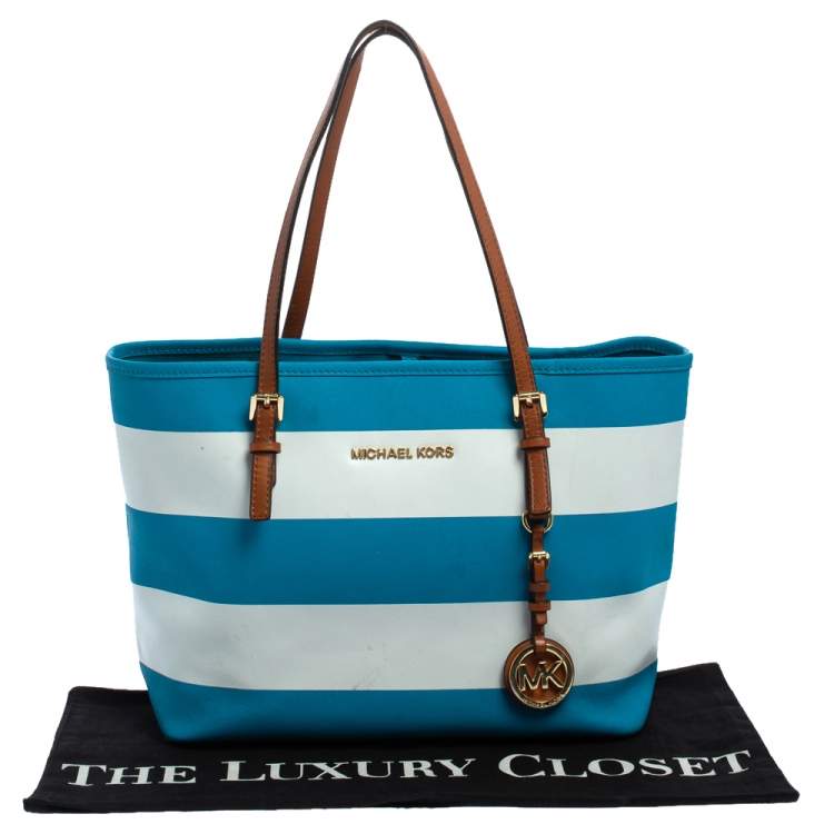 Pre Owned Michael Kors Blue/White Striped Coated Canvas Travel Jet Set Tote