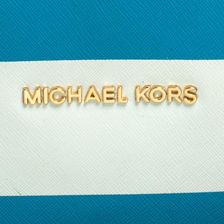 Pre Owned Michael Kors Blue/White Striped Coated Canvas Travel Jet Set Tote