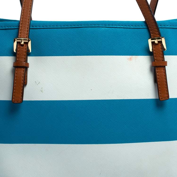 Pre Owned Michael Kors Blue/White Striped Coated Canvas Travel Jet Set Tote
