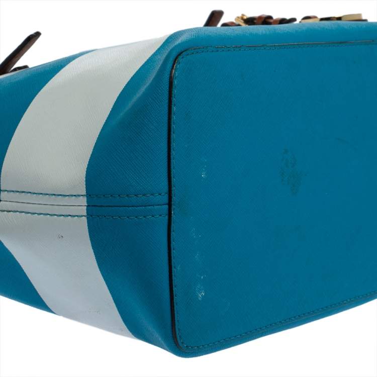 Pre Owned Michael Kors Blue/White Striped Coated Canvas Travel Jet Set Tote