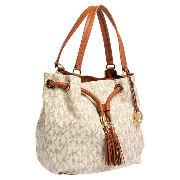 Pre Owned MICHAEL Michael Kors White/Brown Signature Coated Canvas and Leather Gathered Tote