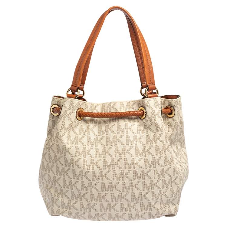 Pre Owned MICHAEL Michael Kors White/Brown Signature Coated Canvas and Leather Gathered Tote