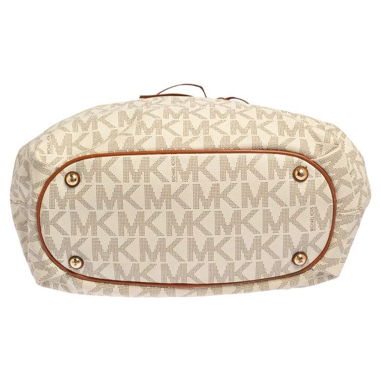 Pre Owned MICHAEL Michael Kors White/Brown Signature Coated Canvas and Leather Gathered Tote