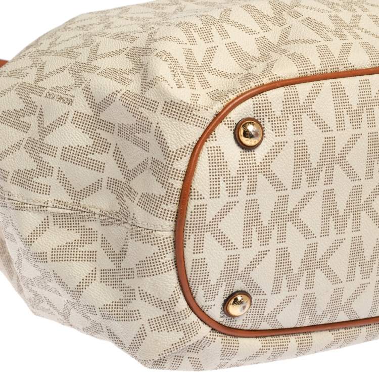Pre Owned MICHAEL Michael Kors White/Brown Signature Coated Canvas and Leather Gathered Tote