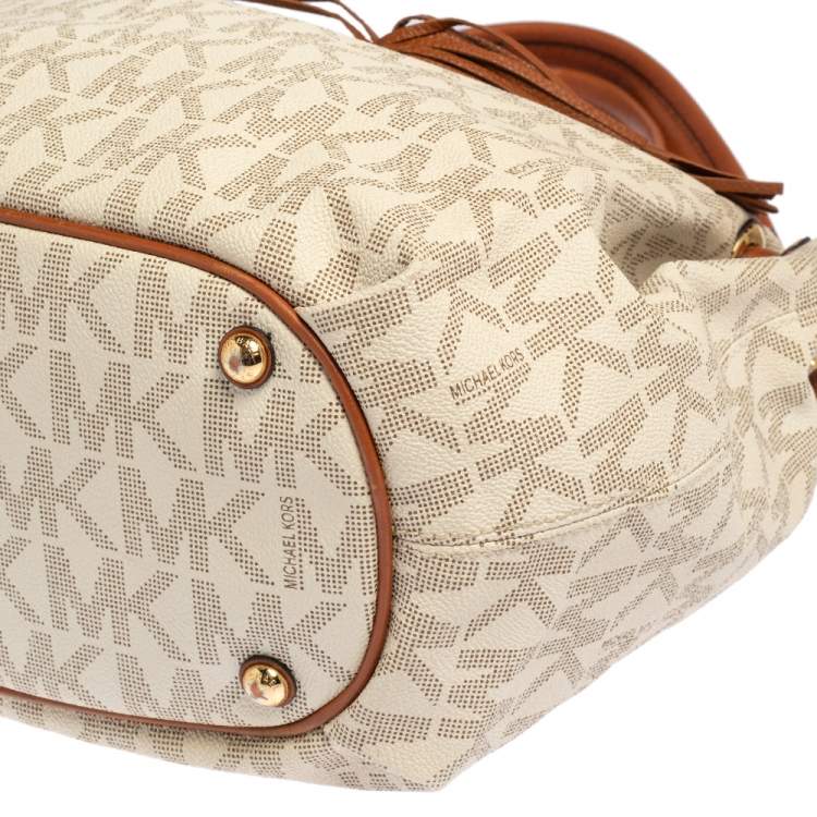 Pre Owned MICHAEL Michael Kors White/Brown Signature Coated Canvas and Leather Gathered Tote