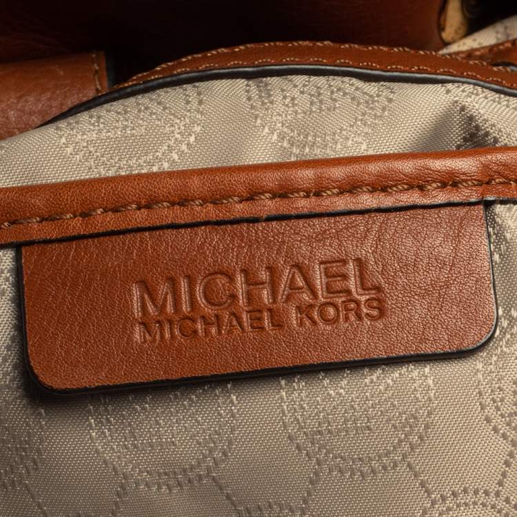 Pre Owned MICHAEL Michael Kors White/Brown Signature Coated Canvas and Leather Gathered Tote