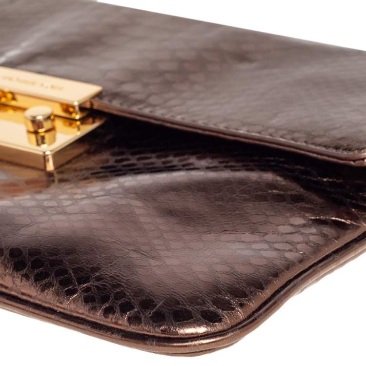 Pre Owned Michael Kors Bronze Python Effect Leather Pushlock Flap Slim Shoulder Bag