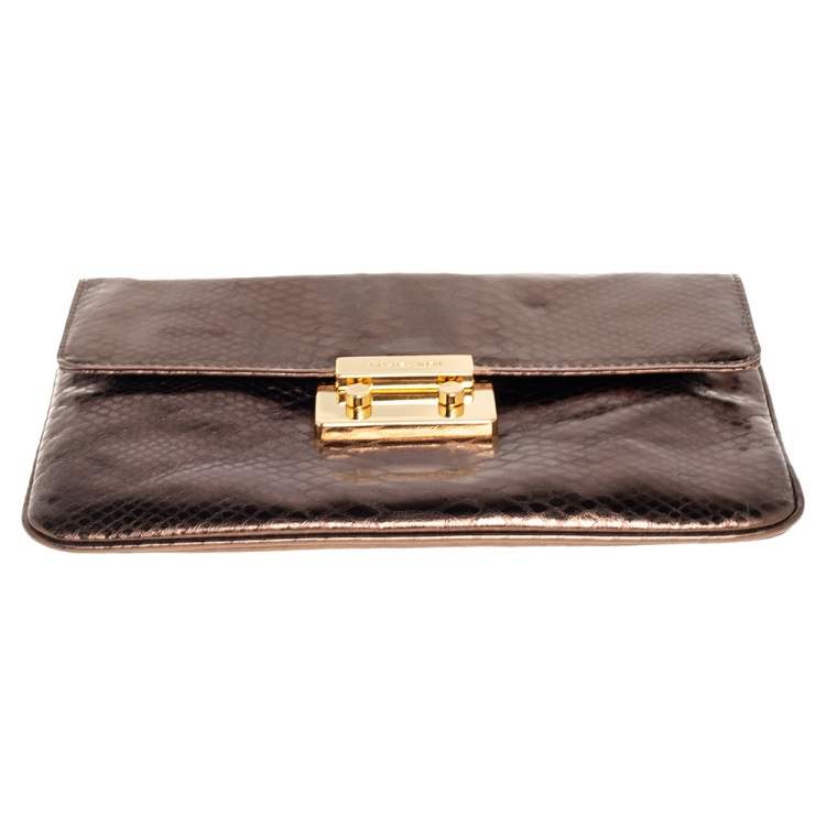 Pre Owned Michael Kors Bronze Python Effect Leather Pushlock Flap Slim Shoulder Bag