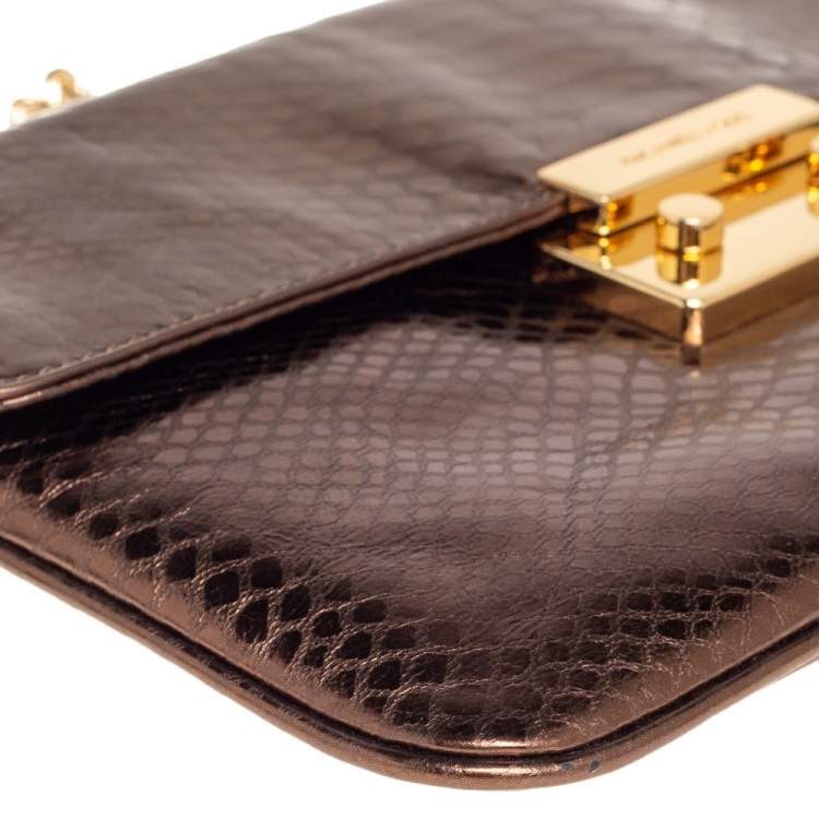 Pre Owned Michael Kors Bronze Python Effect Leather Pushlock Flap Slim Shoulder Bag