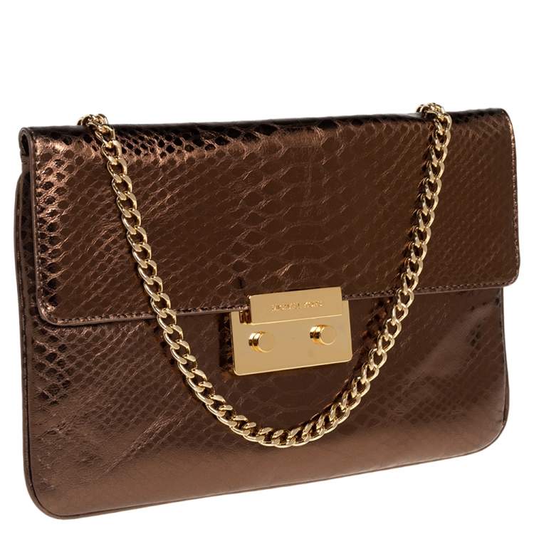 Pre Owned Michael Kors Bronze Python Effect Leather Pushlock Flap Slim Shoulder Bag