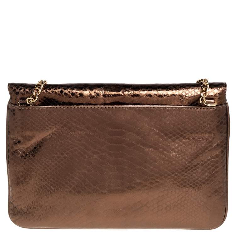 Pre Owned Michael Kors Bronze Python Effect Leather Pushlock Flap Slim Shoulder Bag