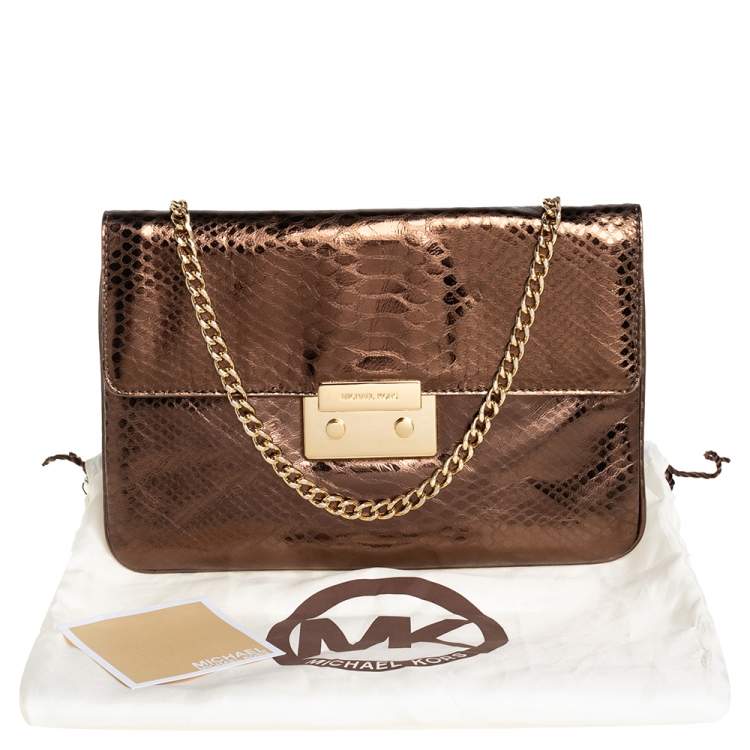 Pre Owned Michael Kors Bronze Python Effect Leather Pushlock Flap Slim Shoulder Bag