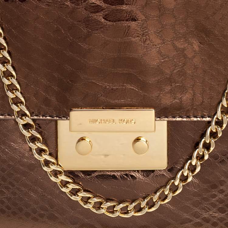 Pre Owned Michael Kors Bronze Python Effect Leather Pushlock Flap Slim Shoulder Bag